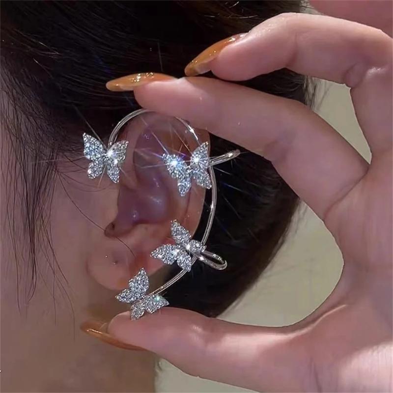 

Clip-on & Screw Back Gold Silver Color Left Right Ear Clips Without Piercing Earrings For Women Girls Shiny Zircon Butterfly Cuff Wedding Je