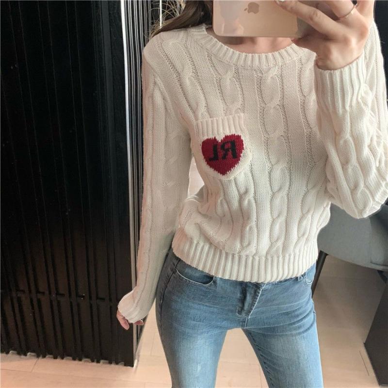 

Women's Sweaters Tops Korean Fashion Jumper Women 2022 Fall Winter Cute Red Heart Pattern Pocket Long Sleeve Knitted Sweater PulloverWomen's, Photo1