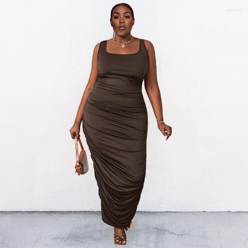 

Plus Size Dresses ZJFZML ZZ Women Clothing Dress Coffee Square Collar Sleeveless Pleated Long Maxi Drop Wholesale Jasp22