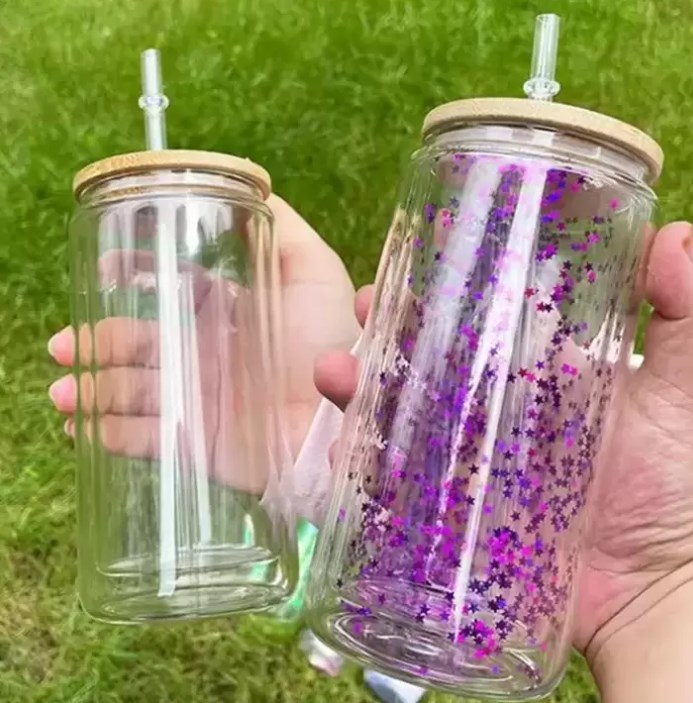 

12oz 16oz 20oz Double Wall Sublimation Glass Can Snow Globe glass Tumbler Beer Frosted Drinking Glasses With Bamboo Lid And Reusable Straw custom gifts, Clear