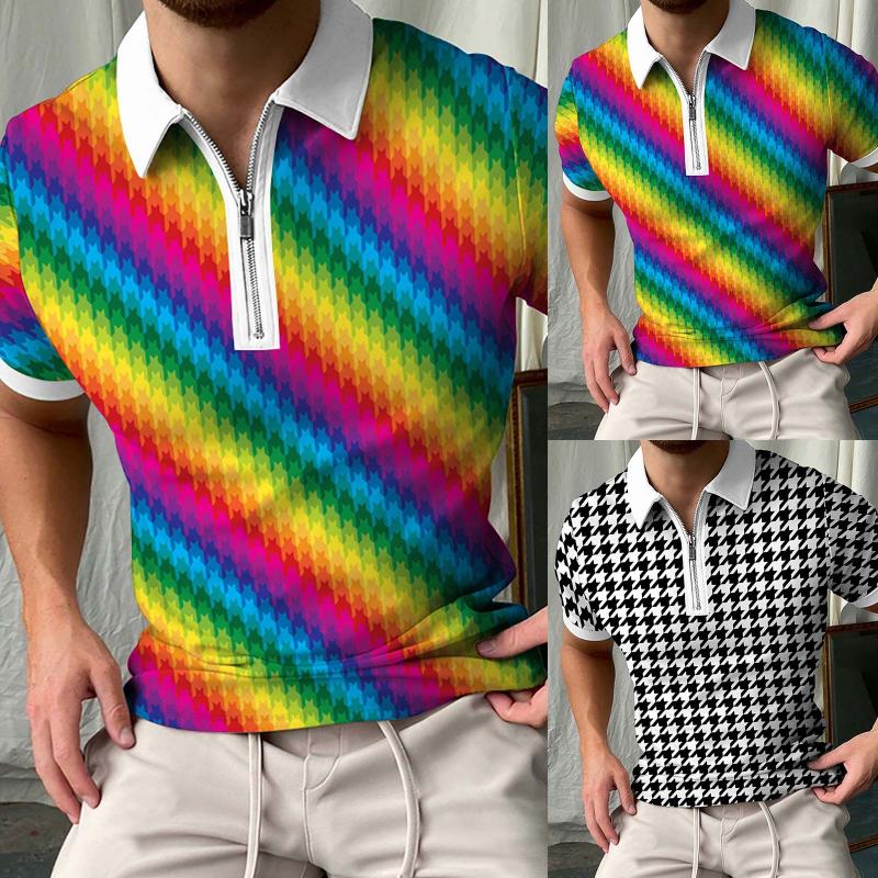 

Men's T-Shirts Mens T-shirt 2022 Trend Zipper Lapel Shirt Male Short Sleeved Houndstooth Print Sportsman Tops Summer Beach Drop, Black