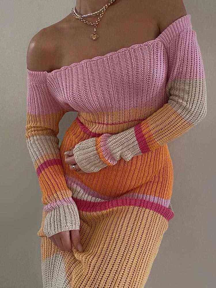 

Y2K Off-The-Shoulder Cutout Women Dress 2022 Summer Knitted Striped Long Sleeve Female Dresses Fashion Streetwear Lady Clothes T220819, 02light blue kahki