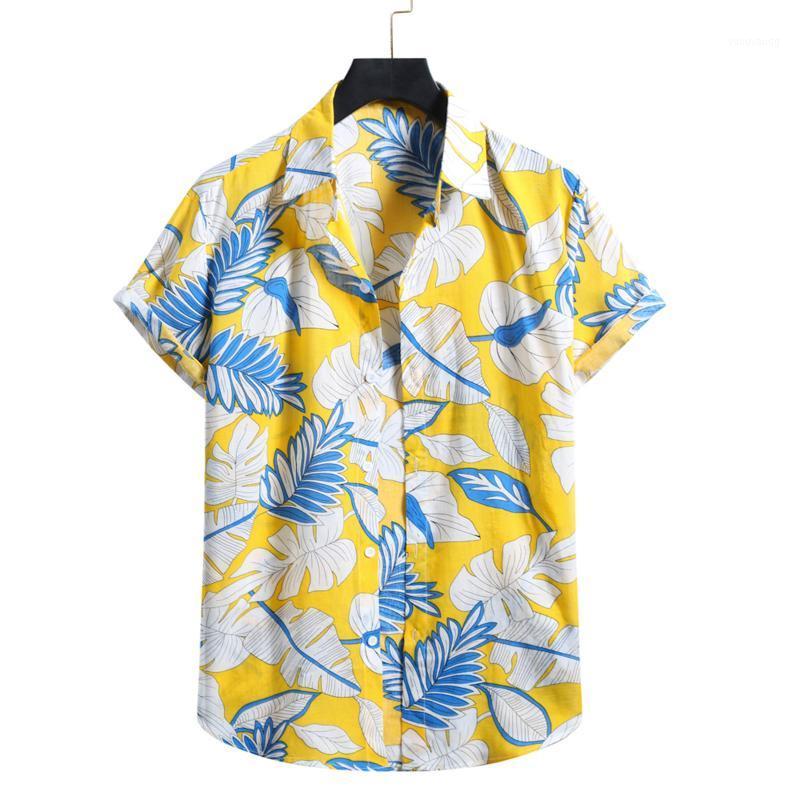 

Men' Casual Shirts Summer Fashion Hawaiian Flower Shirt White Leaves Beach Men Clothing Short Sleeve Cardigan Chemise Homme, Bu