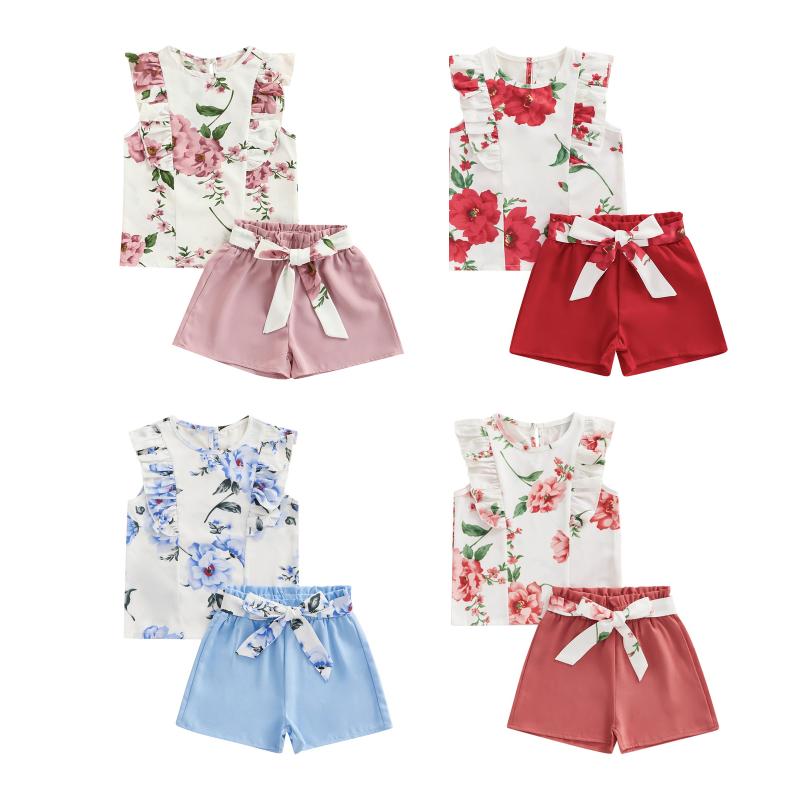 

Clothing Sets 2pcs Toddler Kids Girls Clothes 1-6Y Flowers Printed Ruffles Sleeve T Shirts High Waist ShortsClothing, Blue