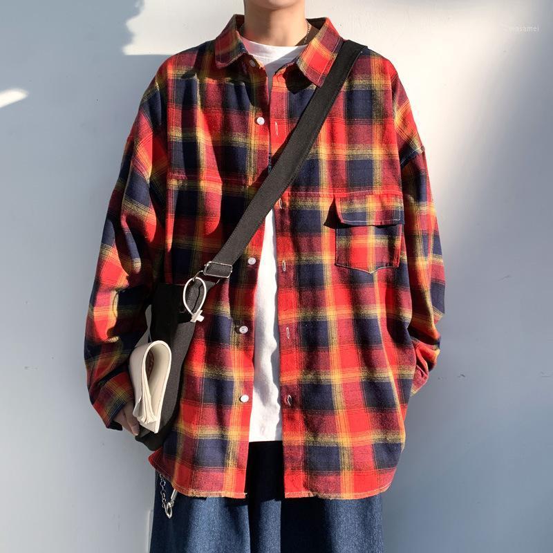 

Men's Casual Shirts Plaid Long Sleeve 2022 Harajuku Streetwear Oversized For Men Causal Blouse Tops Clothing, Red grid