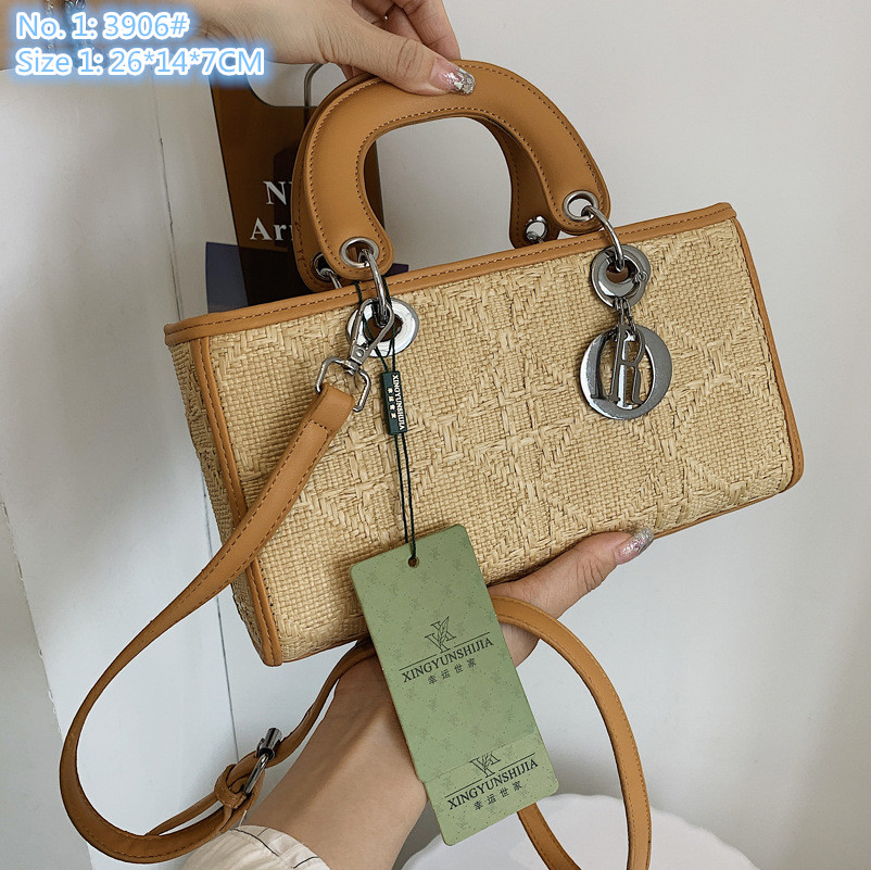 

Wholesale factory ladies shoulder bags 2 styles summer romantic holiday straw beach bag contrast leather fashion handbag sweet little fresh khaki women handbags