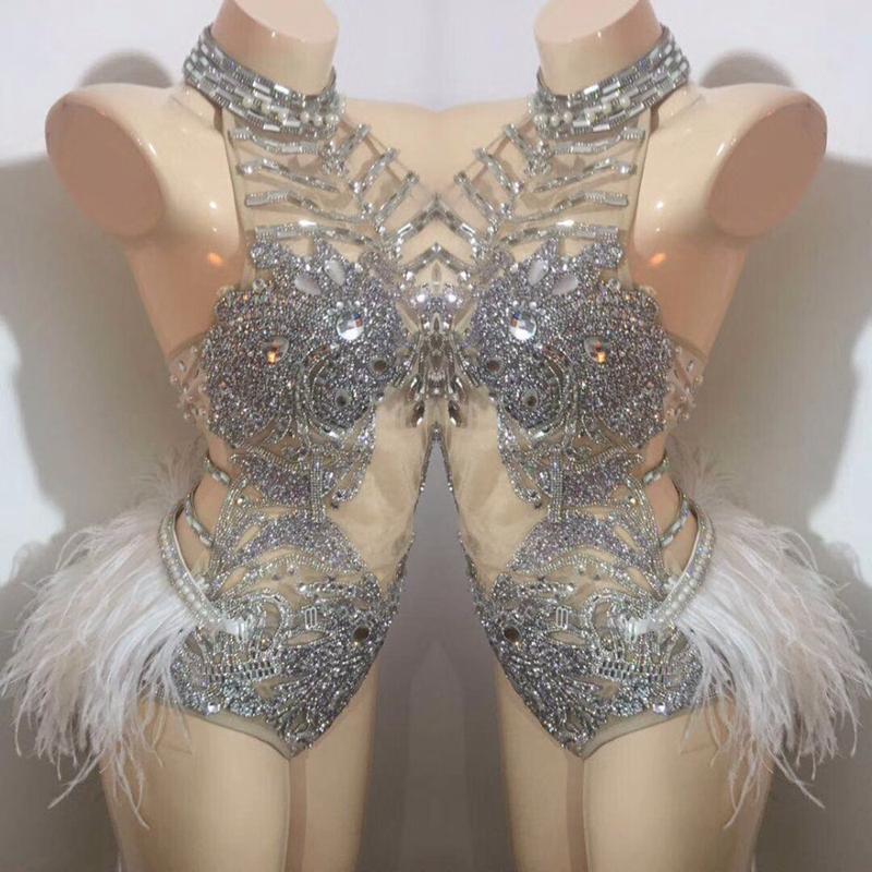 

Stage Wear Sparkly Rhinestones Mesh Bodysuit Women Feather Leotard Dance Costume Nightclub Outfit Bar Party Celebrate Birthday DressStage, Bodysuit-silver