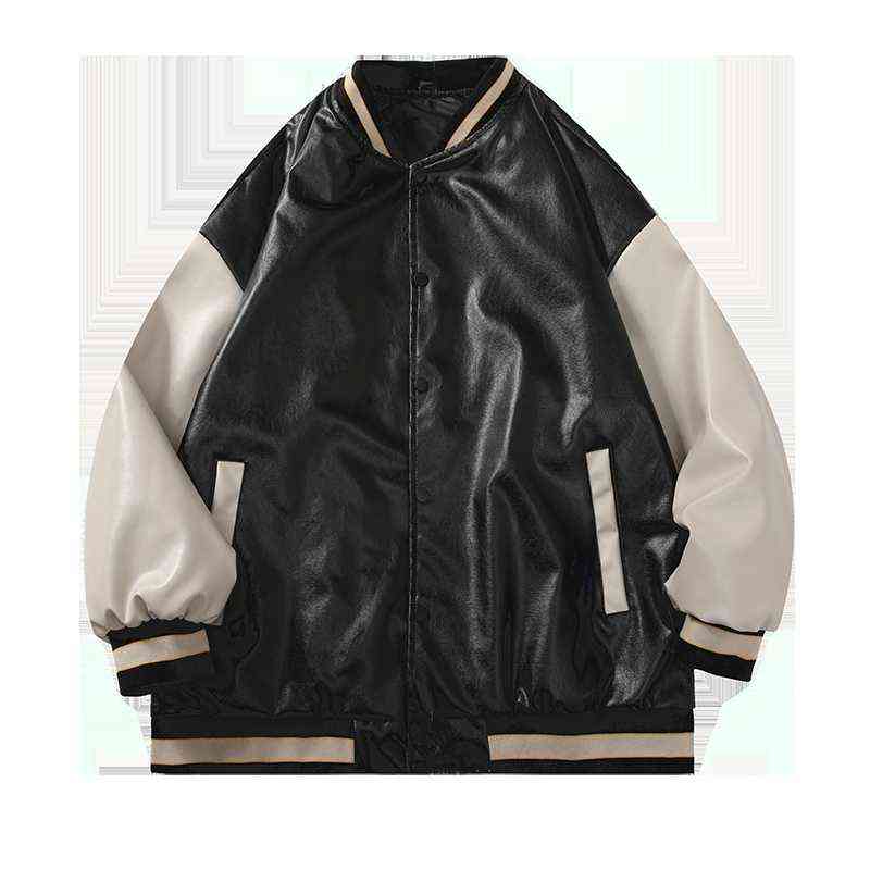

YASUGUOJI Faux Fur Coat Men PU Leather Patchwork Bomber Jackets Oversized Couple Streetwear Men Varsity Baseball Jackets Tops T220728, Pink and khaki