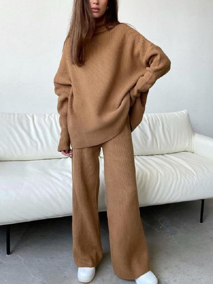 

Women' Two Piece Pants Women Long Sleeve Turtleneck Knitted Wide-leg Suit Female Solid Loose Pullover Tops And Casual Two-piece, Pink