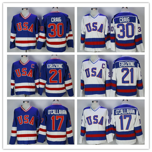 

Men's Vintage 1980 USA Hockey Jersey 30 Jim Craig 21 Mike Eruzione 17 Jack O'Callahan Team USA Miracle On Alternate Jerseys Stitched, Blue 30