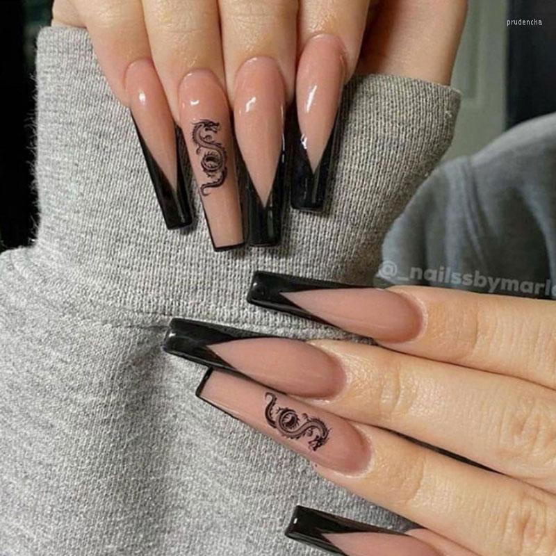 

False Nails 24pcs/Box Long Coffin With Dragon Pattern Design Ballerina Manicure Patches Press On Full Cover Nail Tips Prud22, Jzj-w018