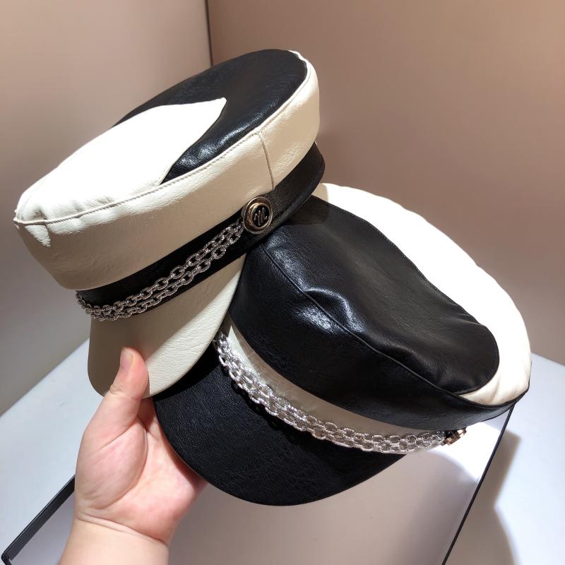 

Berets Punk Wild Black And White Contrast Color Navy Hat Fashion Metal Chain Leather Octagonal HatBerets
