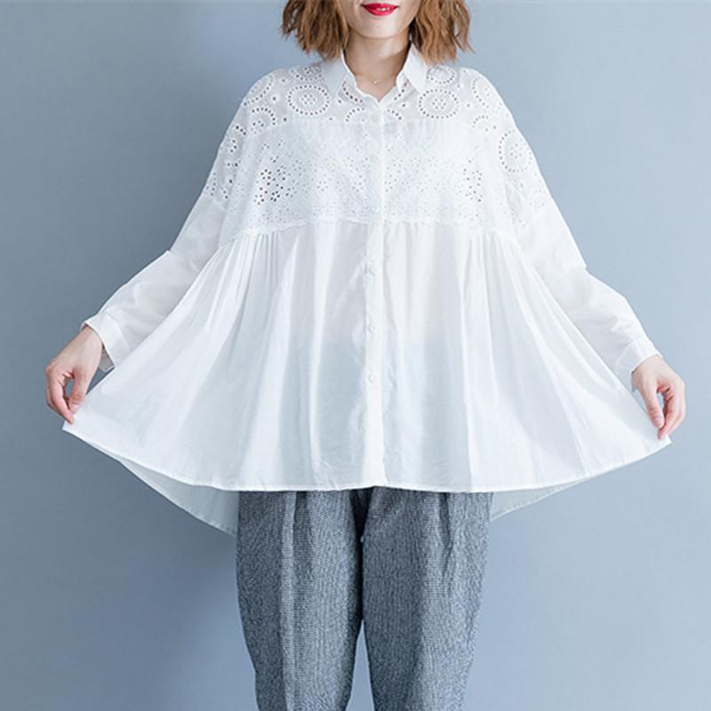 

Women's Blouses & Shirts Johnature Spring Hollow Out Embroidery Women Tops 2022 Solid Color Loose Korean White Turn-down Collar ShirtsWomen'