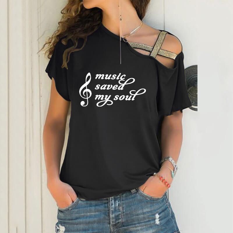 

Women' T-Shirt Music Saved My Soul Print Women Irregular Tshirt Artist Lover Gift Tops Skew Neck Plus Size Cross Bandage, Black