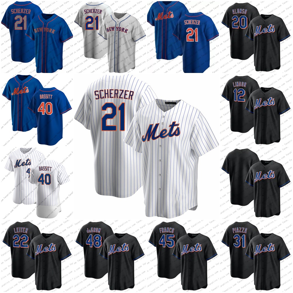 

#21 Max Scherzer Mets Baseball Jersey 40 Chris Bassitt Starling Marte Pete Alonso Jacob deGrom Keith Hernandez Francisco Lindor Robinson Cano Darryl Strawberry, Youth back to black