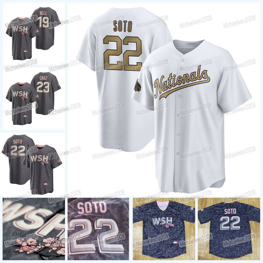 

22 Juan Soto Nationals 2022 All Star Jersey Cherry Blossom City Connect Nelson Cruz Darren Baker Josh Bell Victor Robles Lane Thomas Adon Stephen Strasburg, Youth cool base(all star game)