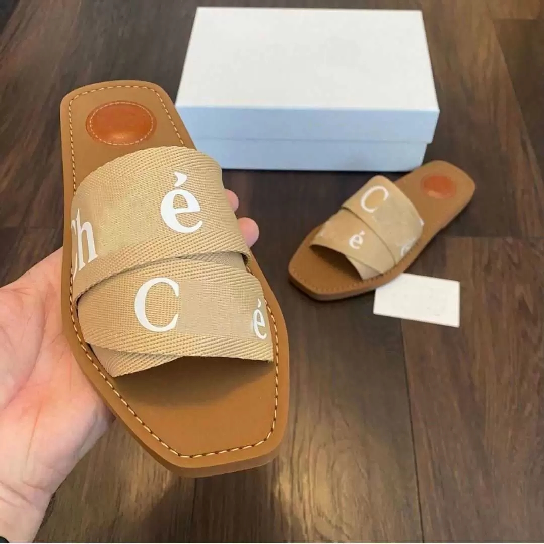 

Summer Branded Women Woody Mules Slippers Sandals Deisgner Lady Canvas Letter Cross Weave Slipper Fabric Outdoor Leather Sole Slides EU35-41