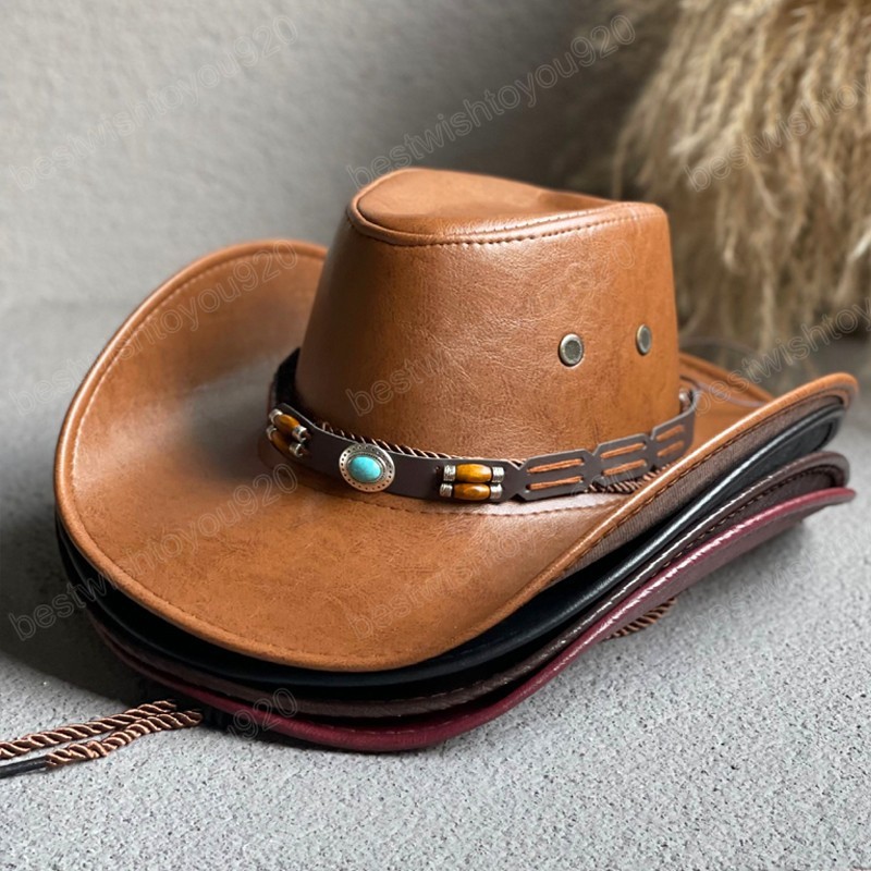

Faux Leather Western Cowboy Hats For Women Men Vintage Gentleman Dress Hats Panama Cowgirl Jazz Cap Sombrero Hombre