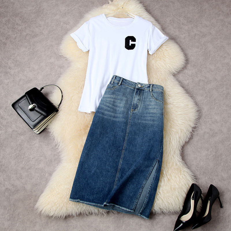 2022 Summer Short Sleeve Round Neck White Solid Color Panelled T-Shirt Top & High Waist Pockets Denim Mid-Calf Skirt Two Piece Suits 2 Pieces Set