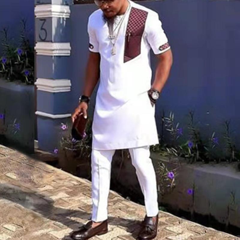 

Men's Tracksuits Africa Dashiki Men Suits 2 Piece Set Round Neck Stitching Short-sleeved Ethnic Style Casual -4XL Mens Clothing O-Neck Tops, Ivory
