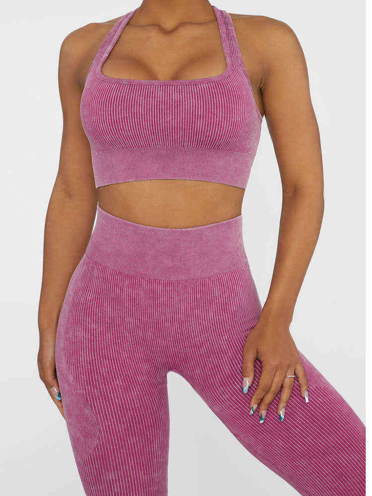 

New Women Push Up Bra Set Ribbed Washed Seamless Sports Suit Fitness Leggings Yoga Set Workout Outfit Solid Color Gym Clothing T220725, Pink