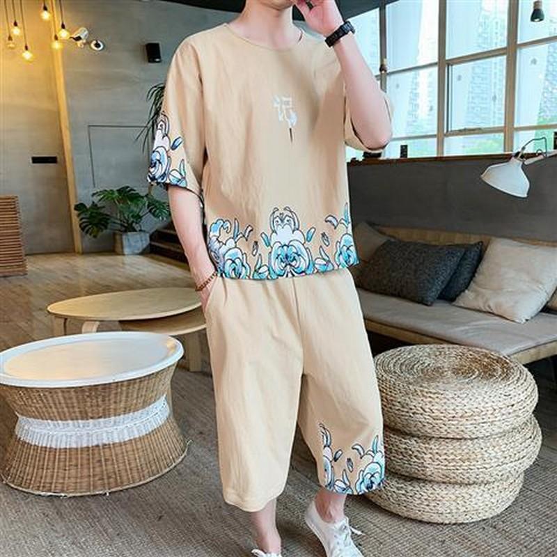 

Men's Tracksuits 2 Piece Set Short-sleeve Sweatshirt Hanfu Men Chinese Loose Tops Clothes Style Sweatpants Clothing O-neck Summer Two, 152black