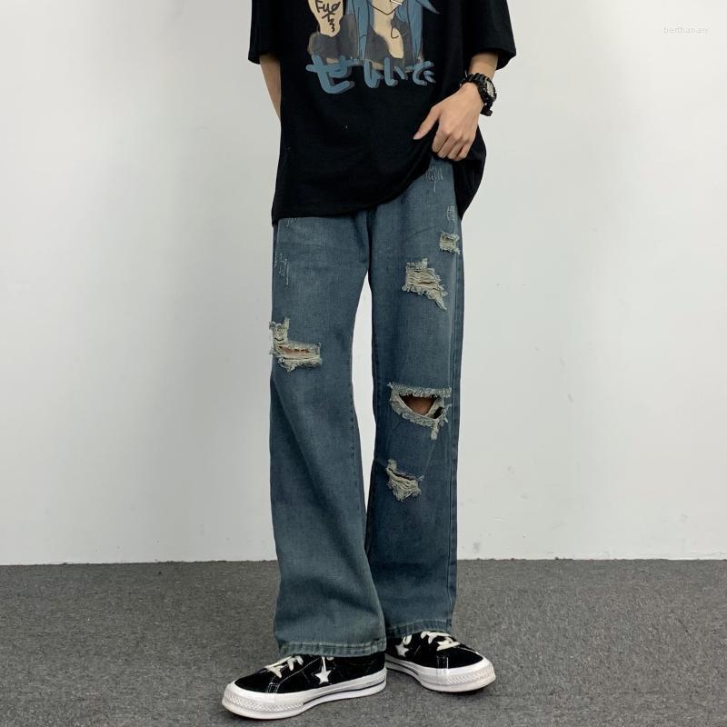 

Men' Jeans Men' High Street Hip-hop Colorblock Ripped Loose Korean Fashion Clothing Y2k Pants Men LOOSEMen' Bert22, Blue