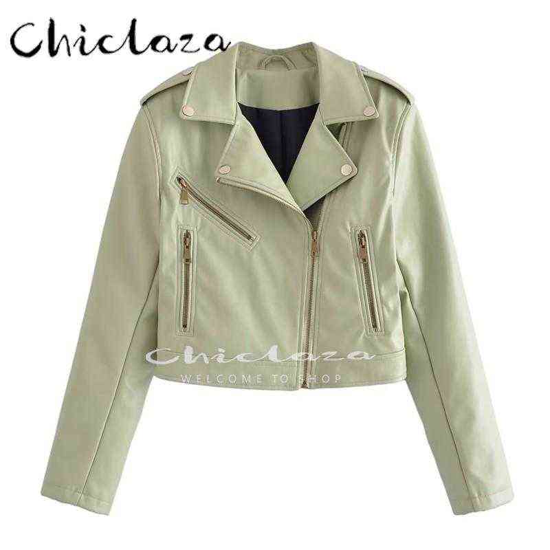 

CHICLAZA 2022 Spring Autumn Women Fashion Green Vintage Faux Leather Jacket Coat Female Motorcycle Biker Short Outwear J220727, Black