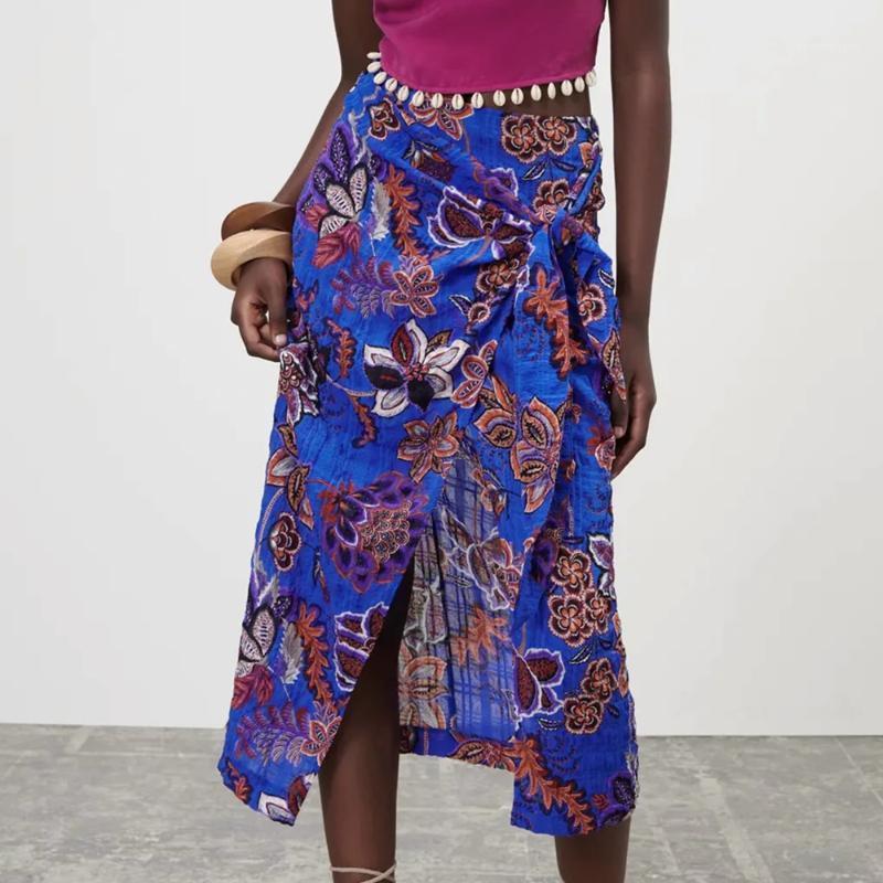 

Skirts Summer Feminine Skirt 2022 Fashion Blue Print Sarong Midi Sexy Front Slit Hem Side Wrap Button Tied Waist Woman
