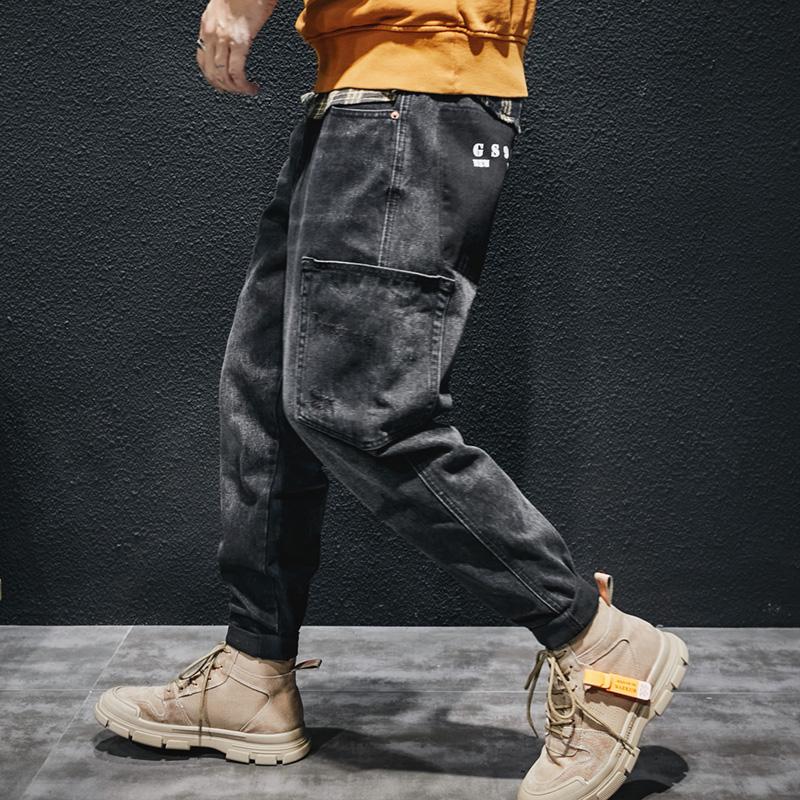

Men's Jeans Street Fashion Ripped Men Retro Black Gray Loose Fit Elastic Casual Denim Cargo Pants Hip Hop Big Pocket Wide Leg TrousersMen's