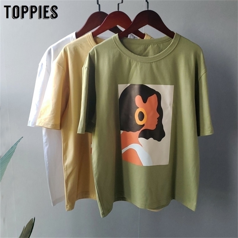 

Toppies summer character t-shirts fashion girls tops short sleeve printing Korean women clothes 95% cotton 220401, Cst003green