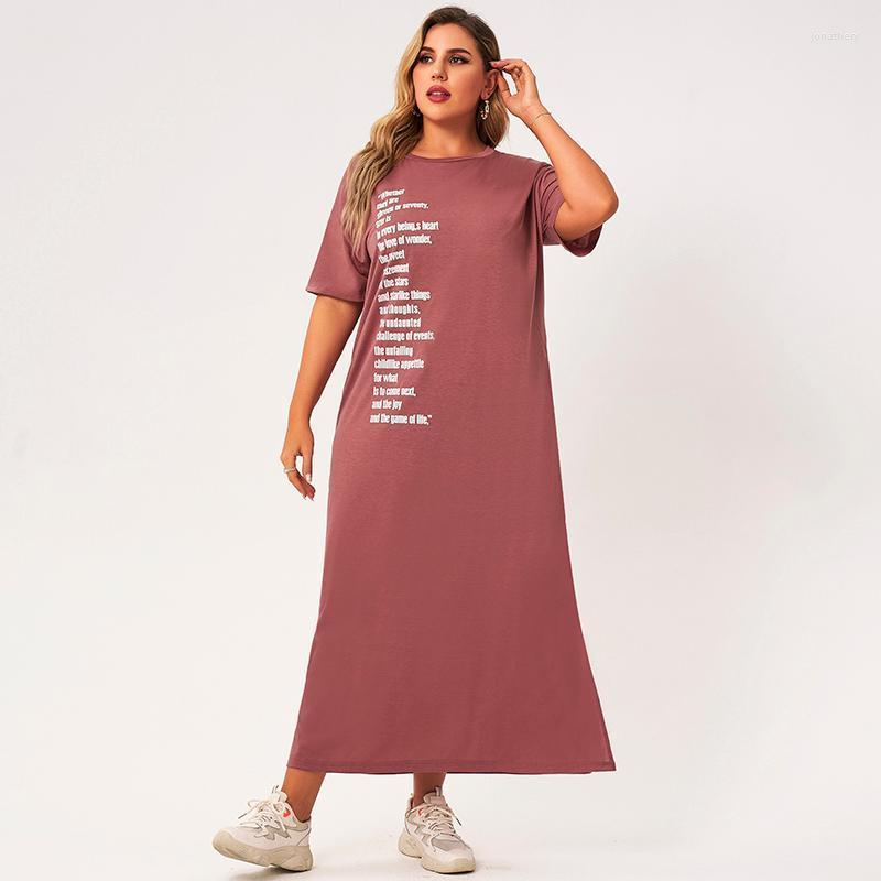 

Plus Size Dresses Summer Dress Women 2022 Pink O-neck Short Sleeves Letter Printing Hem Slit Loose Casual Youth Maxi 3XL 4XL Jona22, As pic