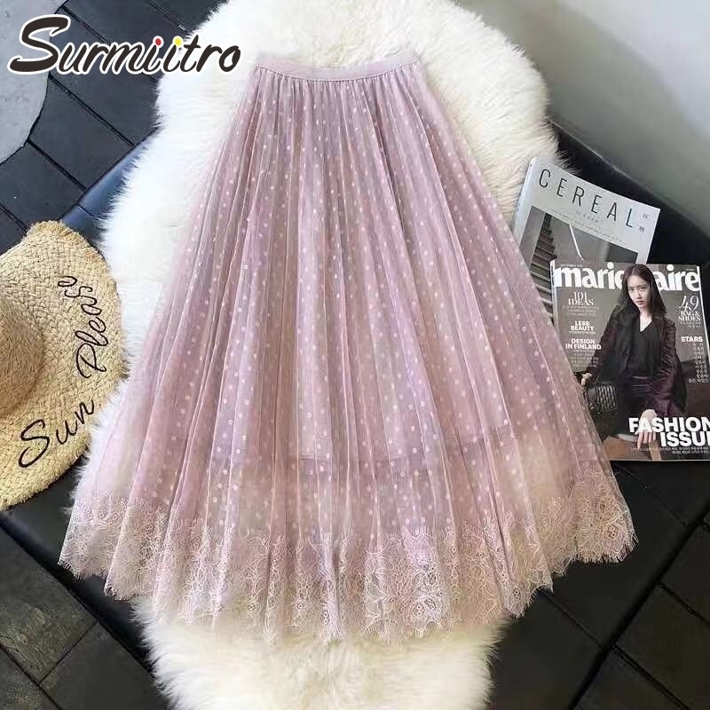

Surmiitro Spring Summer Dot Lace Tulle Skirt Women Korean Elegant High Waist Pleated Skirt Female Long Aline School Skirt Y200326, Blue