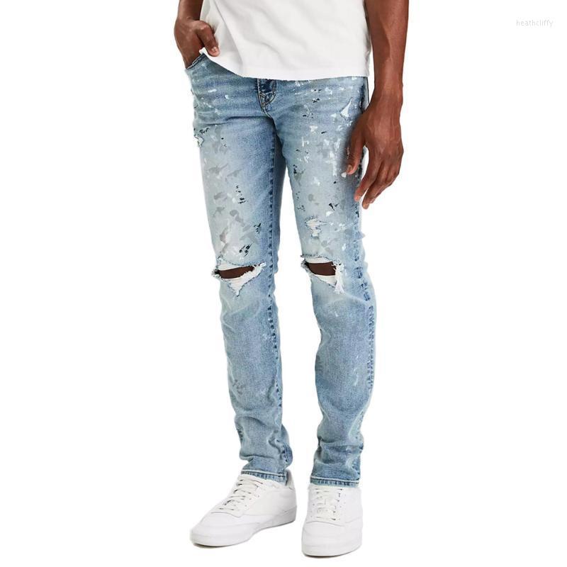

Men's Jeans Fashion Ink Splash Men's Ripped Cotton Elastic Slim JeansMen's Heat22, Black