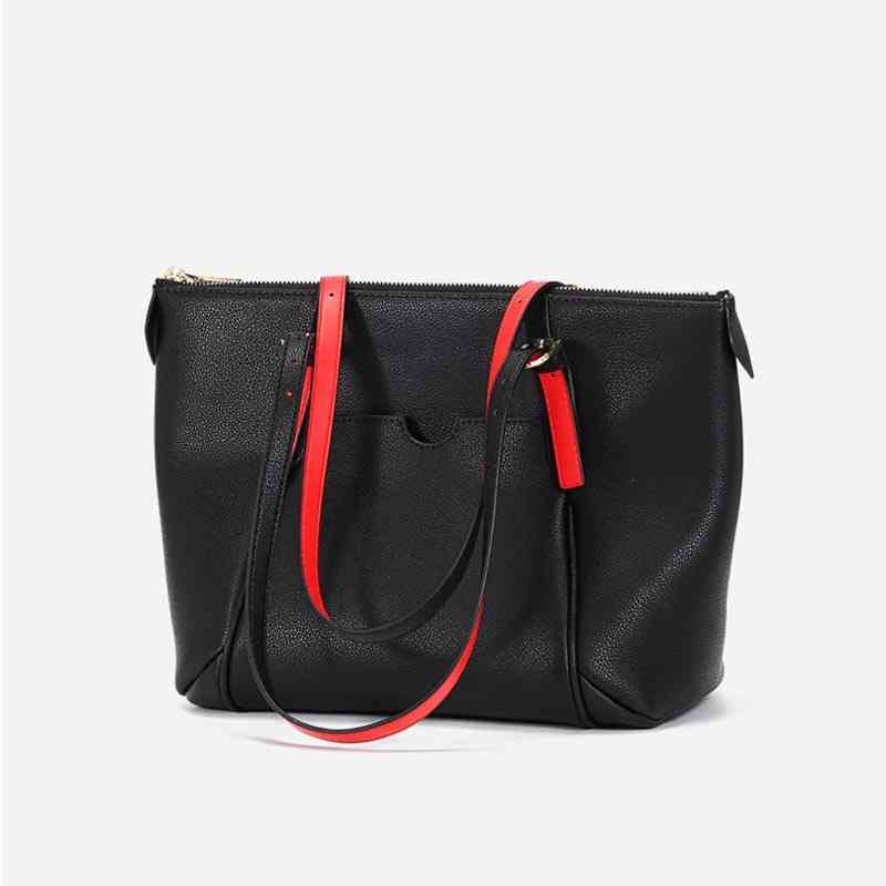 

New Simple Style Trendy Women's Bag Tote Bag Cowhide Fashion One Shoulder Large Capacity Women's Bag 220615, Black with red