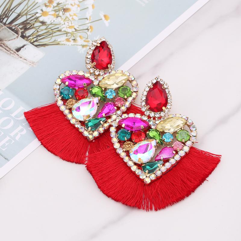 

Dangle & Chandelier Bohemian Tassel Drop Earrings For Women Statement Large Rhinestone Heart Wedding Trendy Fringed Girls Party Gifts HeartD