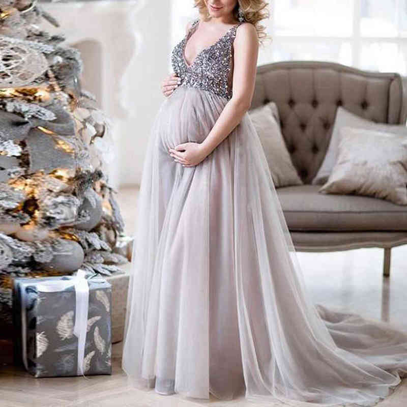 

Maternity Photography dresses Sexy Women Pregnant Sling V Neck Sequin Cocktail Maxi Prom Gown Pregnancy Dress Art Photo Dress G220418, Silver