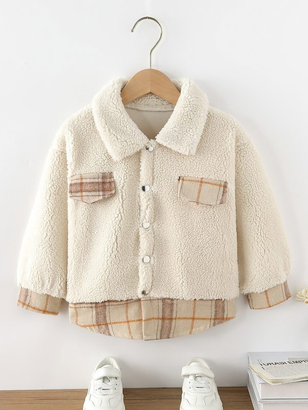 

Toddler Boys 2 In 1 Plaid Trim Teddy Jacket SHE, Beige