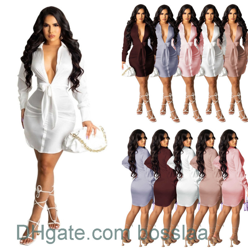 

Designer Dresses For Women Long Sleeve Shirt Dress Spring and Summer Clothes Lovely Bright Bandage Sexy V-neck Midi Skirt, Purplish red