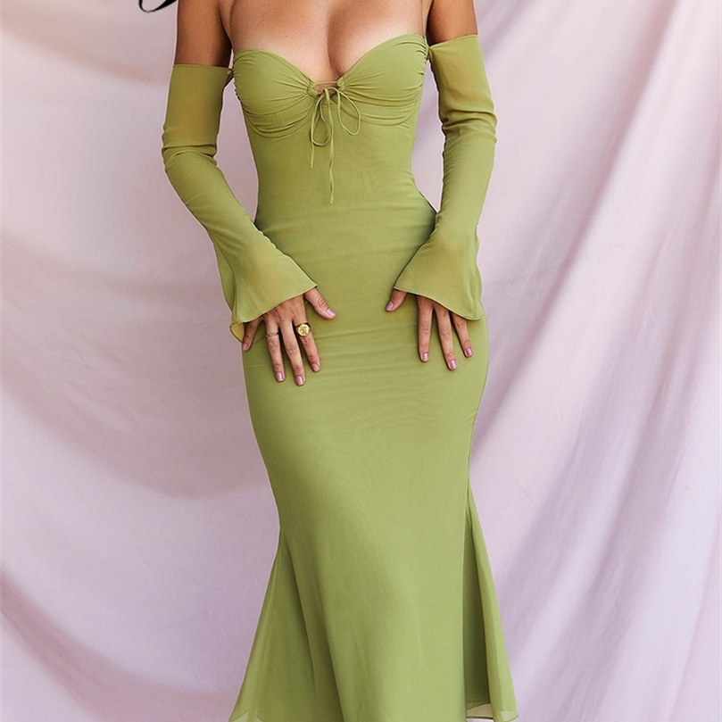 

Dulzura Women Chiffon Zipper Sexy Y2K Clothes Lace Up Halter Backless Long Sleeve Bodycon Midi Dress Outfits Party Club 220816, Green
