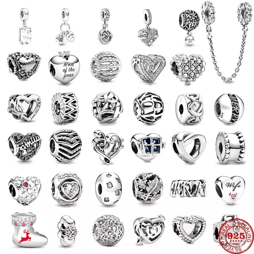 

925 Sterling Silver Dangle Charm Shape Flower Mum Mom of my Heart Beads Bead Fit Pandora Charms Bracelet DIY Jewelry Accessories