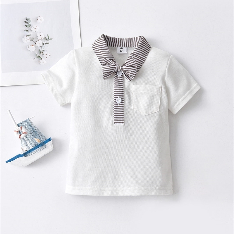 

Baby Striped Bow Front Pocket Patched Polo Shirt SHE, White