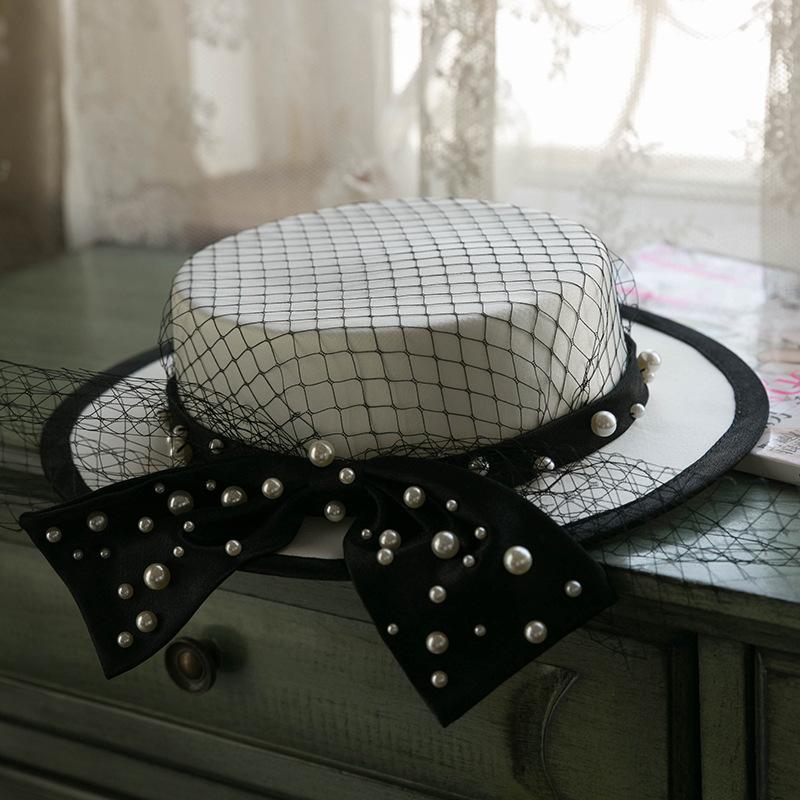 

Headpieces Wedding Hat Woman White Satin Mesh Vintage Beaded Bow Bridal For Accessories Flat Birdcage Veil Fascinator 2022