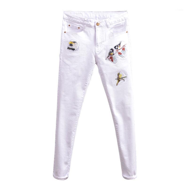 

Men's Jeans VIANKANI Fashion Skinny Elastic White Streetwear Bird Embroidery Pants For Cowboys Men 28-36