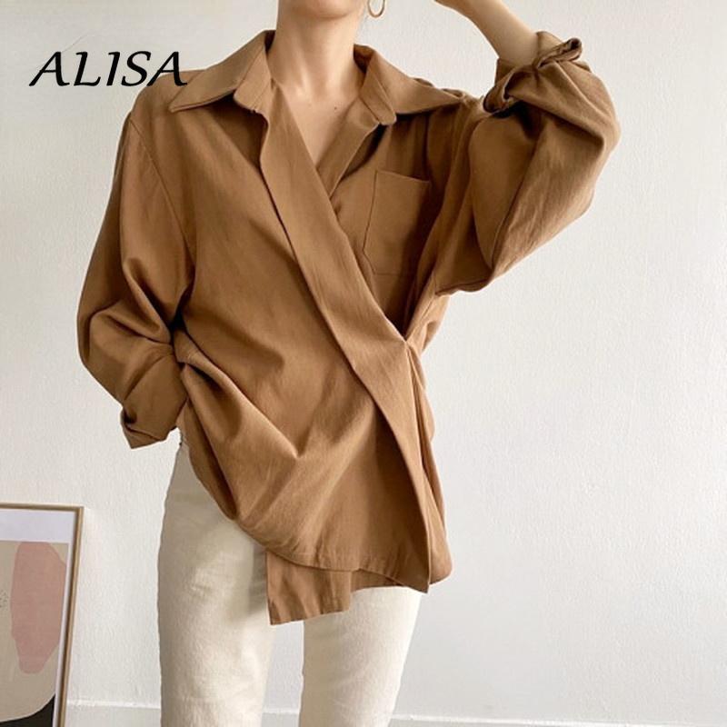 

Women's Blouses & Shirts Women 2022 Autumn Korean Lazy Casual Chiffon Blouse Ladies Fashion Turn-down Collar Fall Irregular Button Down Offi, Beige