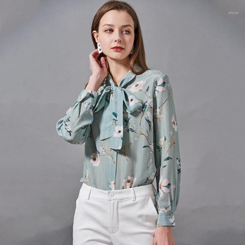 

Spring Women' Green White Color Luxury Real Silk Blouse Women OFFICE LADY Elegant Shirts With Bowtie Blouses