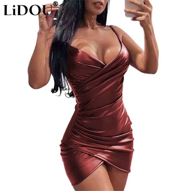 

Rocker Chic Style Sexy Deep V neck Folds Irregular Leather Slip Bodycon Dress Women Streetwear Y2K Nightclub Party Sheath 220613, Brown