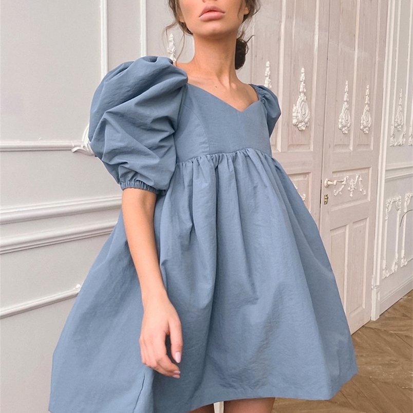 

OOTN Sexy Summer Blue Mini Dress Square Neck Short Puff Sleeve Female White High Waist Loose A Line Women es Cotton 220613