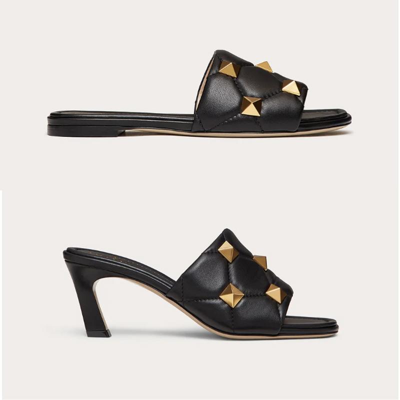 

2021 Roman Stud Slide Women Sandal Quilted Rivet Slides 65mm High Heels Flat Slippers Rhombus pattern Leather Sexy Ladies Be VALENTINOes bdV, Color 6