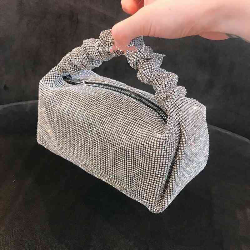 

Fashion Rhinestones Evening Clutch Bag For Women Shiny Dinner Party Wedding Purse Handbag Designer Female Underarm Shoulder Bag, Silver